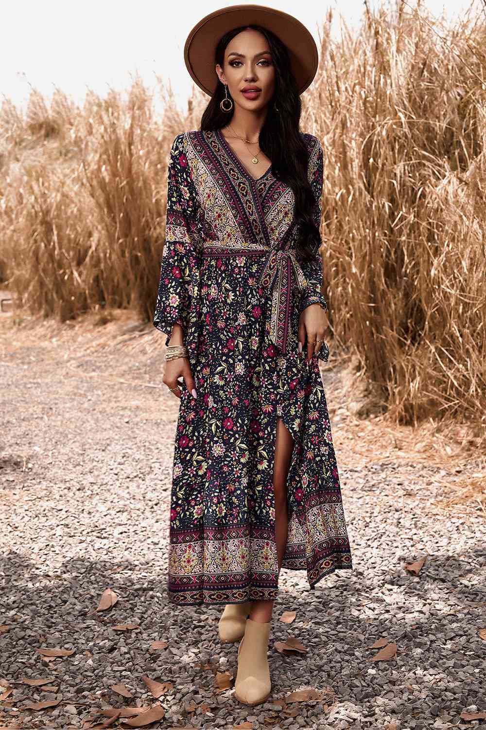 Bohemian Surplice Neck Slit Dress - AllIn Computer