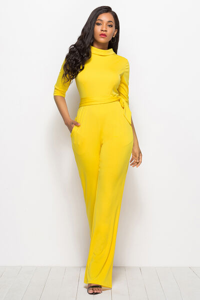 Mock Neck Tie-Waist Half Sleeve Jumpsuit - AllIn Computer
