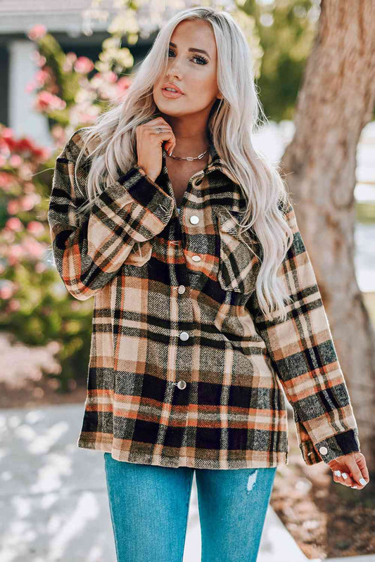 Double Take Plaid Button Front Shirt Jacket with Breast Pockets - AllIn Computer