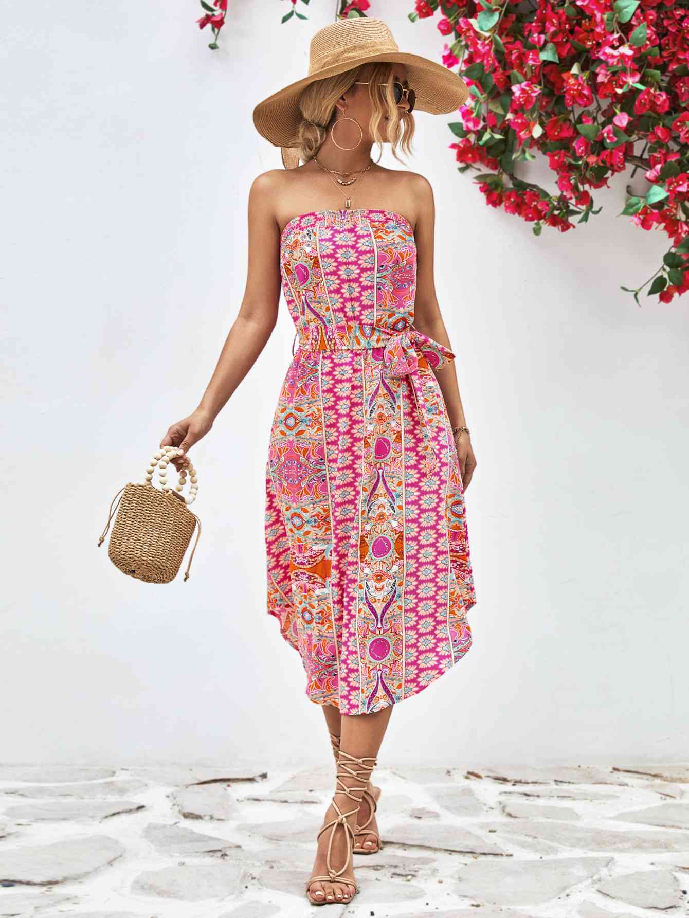 Printed Strapless Tie Belt Dress - AllIn Computer