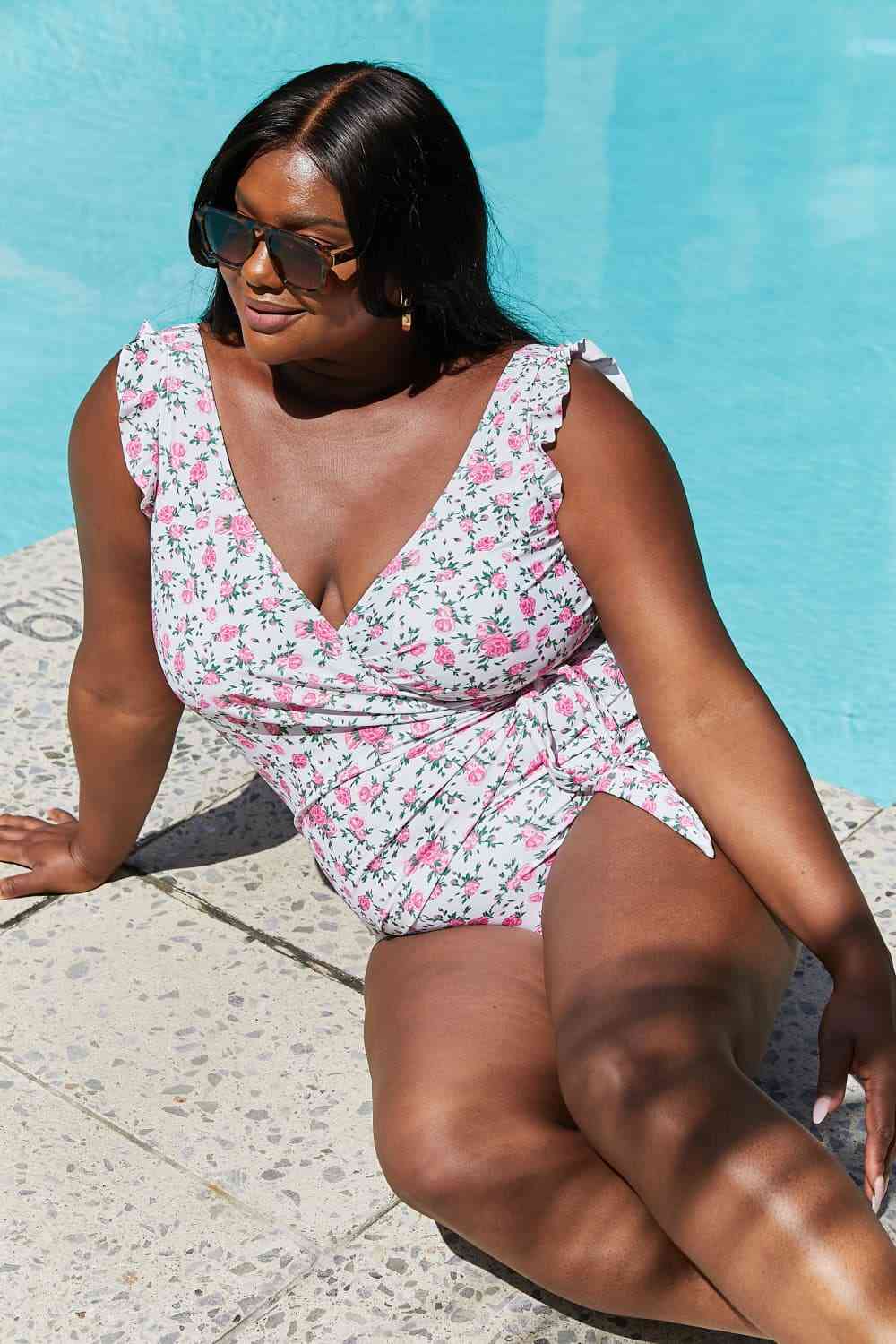 Marina West Swim Full Size Float On Ruffle Faux Wrap One-Piece in Roses Off-White - AllIn Computer