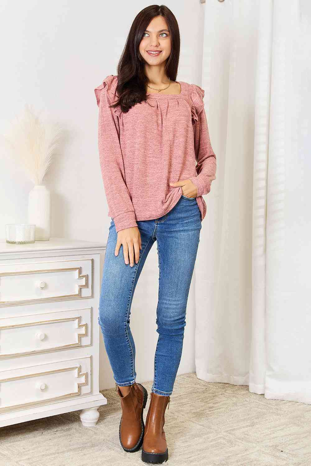 Double Take Square Neck Ruffle Shoulder Long Sleeve T-Shirt - AllIn Computer
