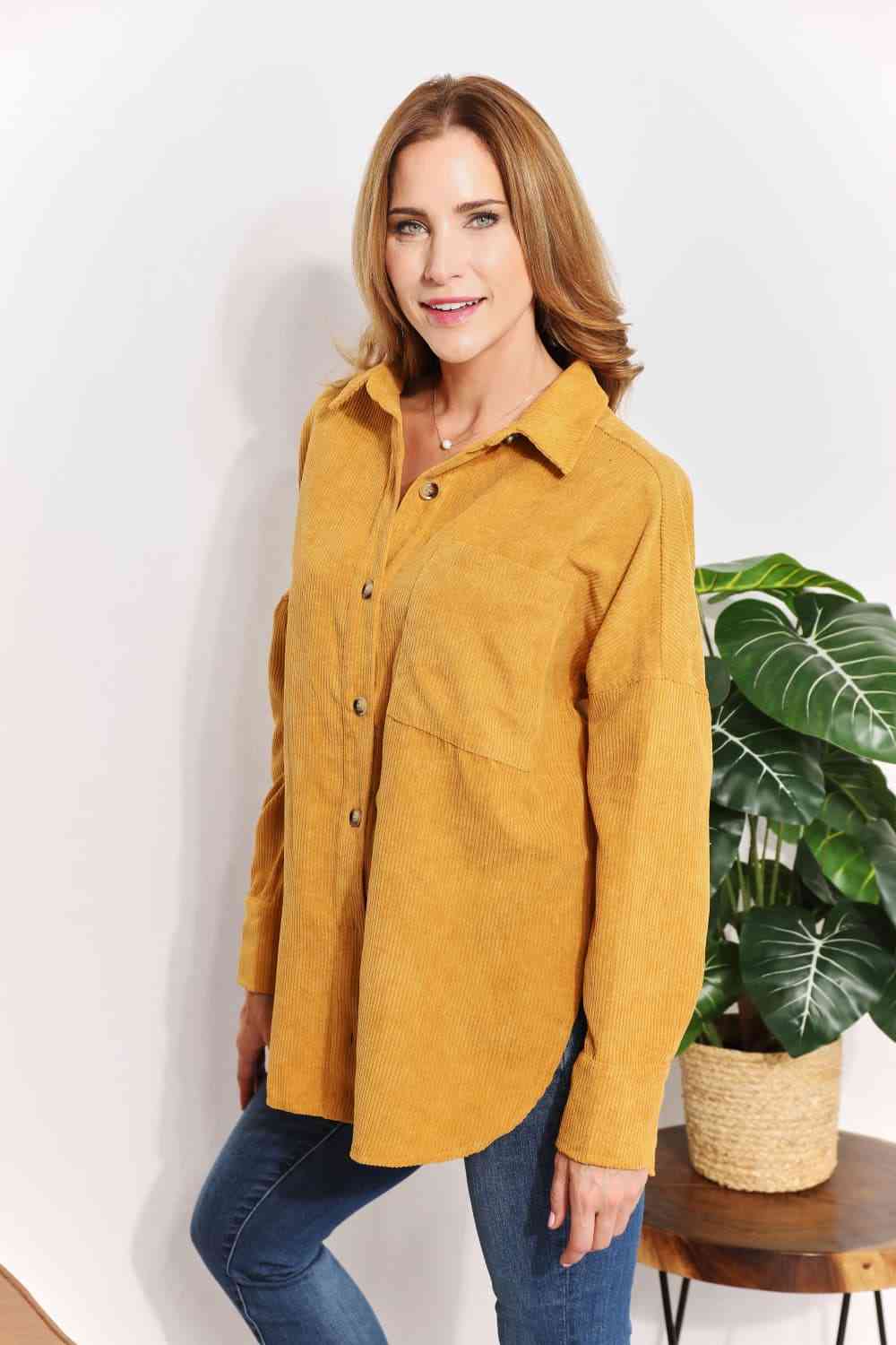 HEYSON Full Size Oversized Corduroy  Button-Down Tunic Shirt with Bust Pocket - AllIn Computer