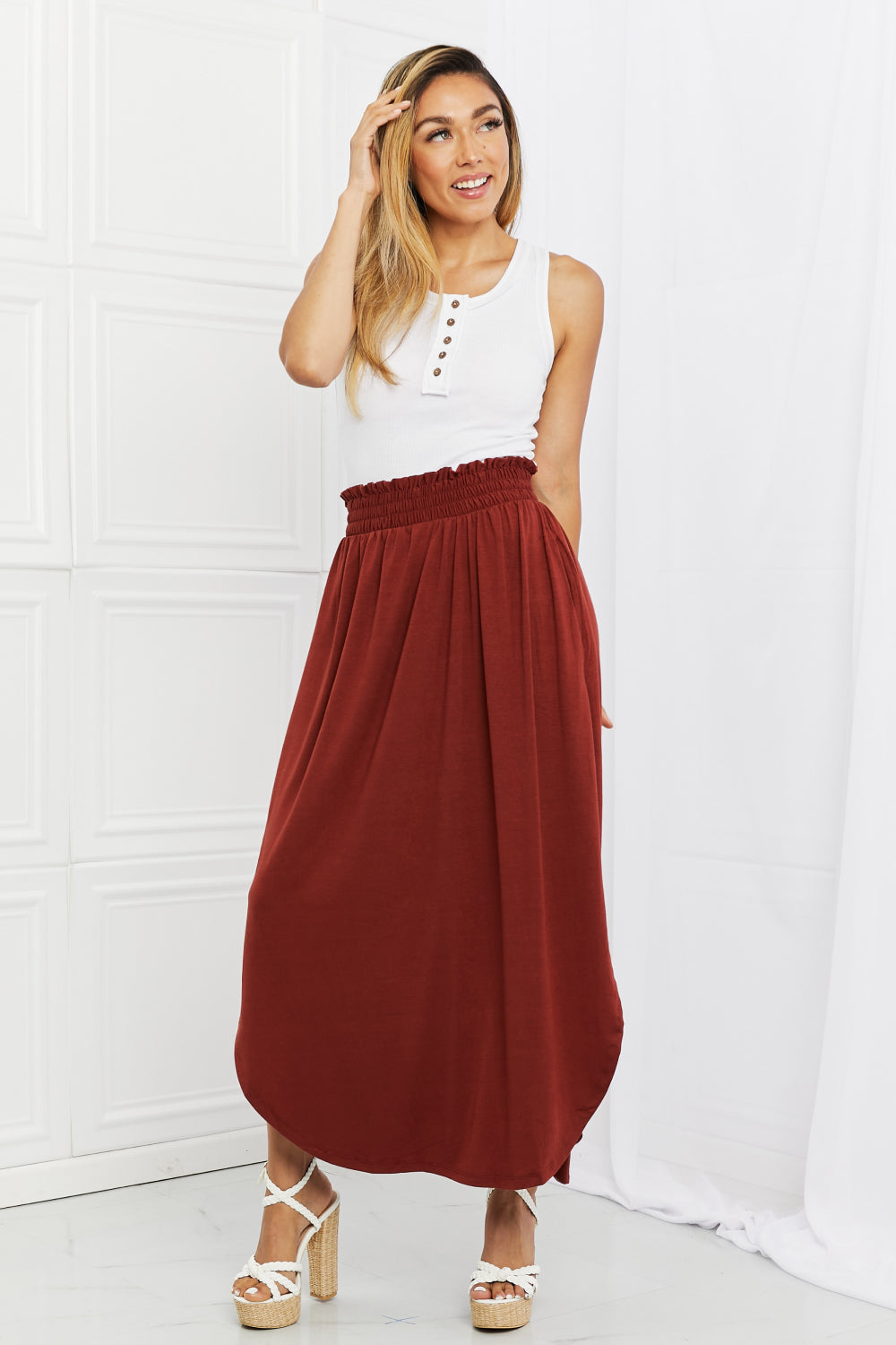 Zenana It's My Time Full Size Side Scoop Scrunch Skirt in Dark Rust - AllIn Computer