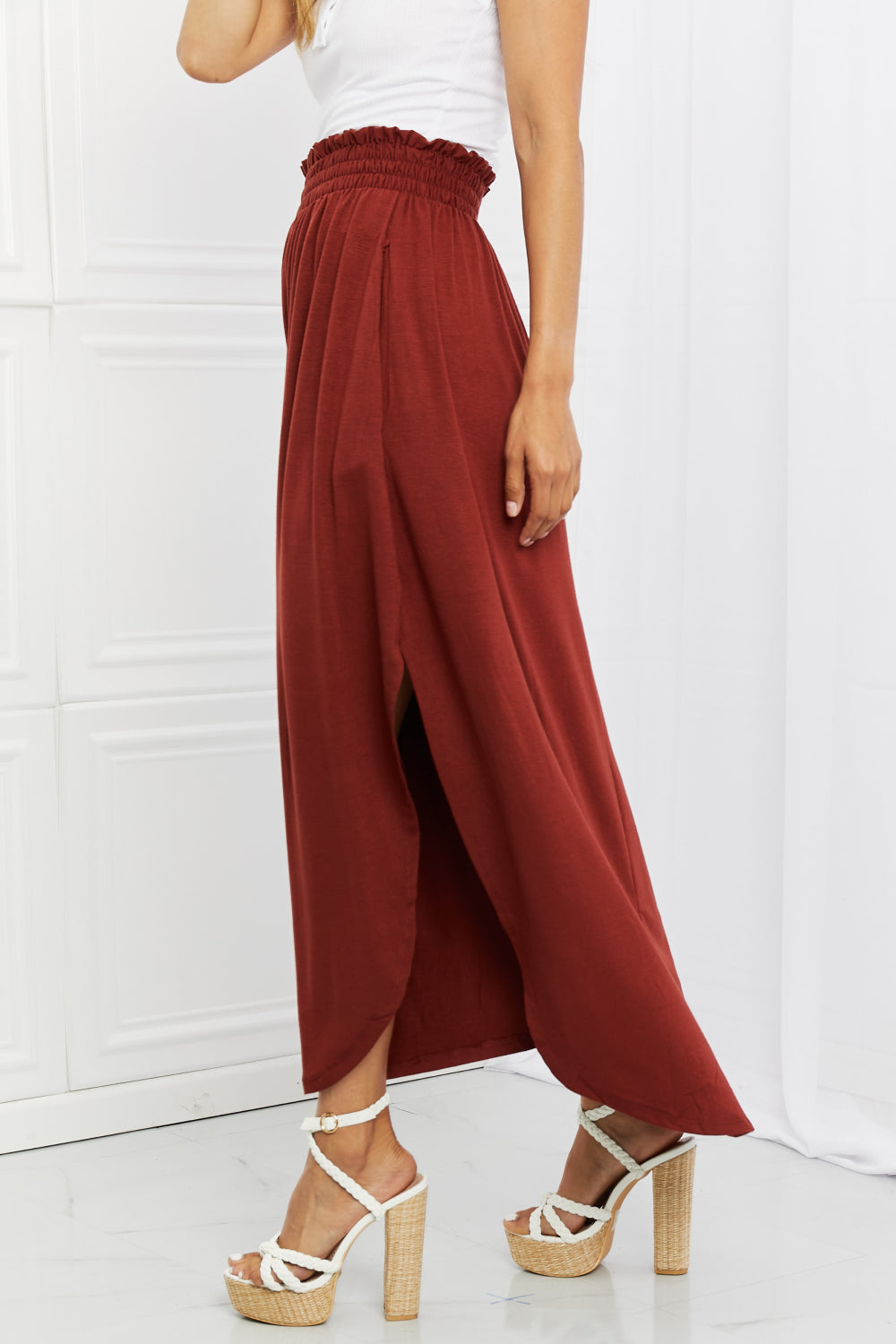 Zenana It's My Time Full Size Side Scoop Scrunch Skirt in Dark Rust - AllIn Computer