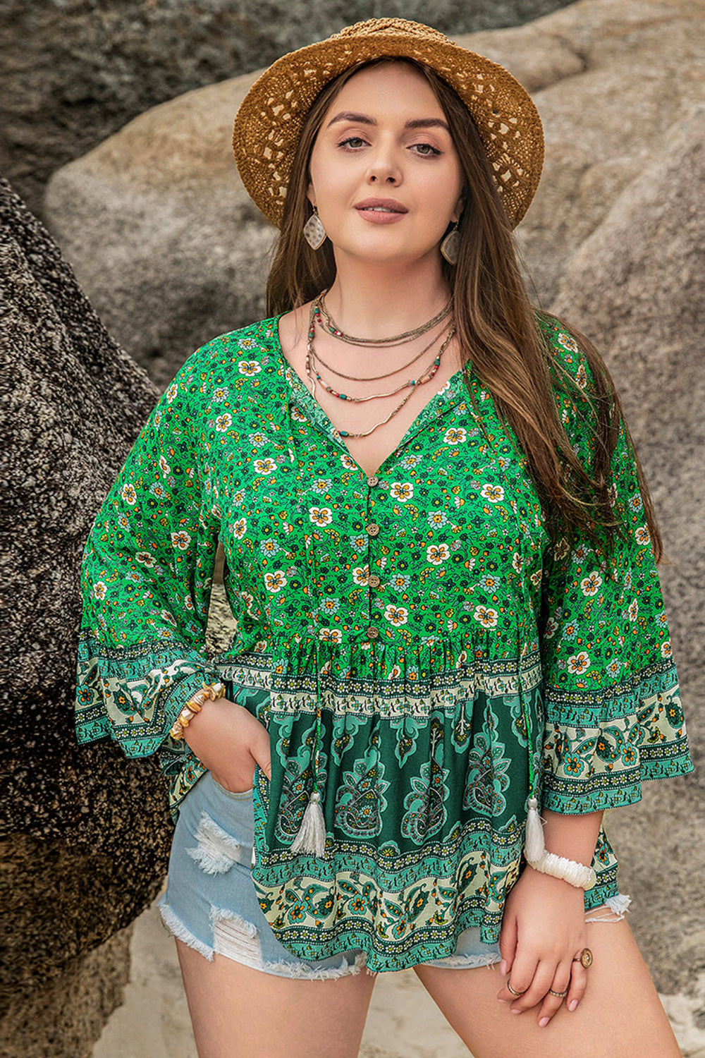 Plus Size Floral Tassel Tie Blouse - AllIn Computer