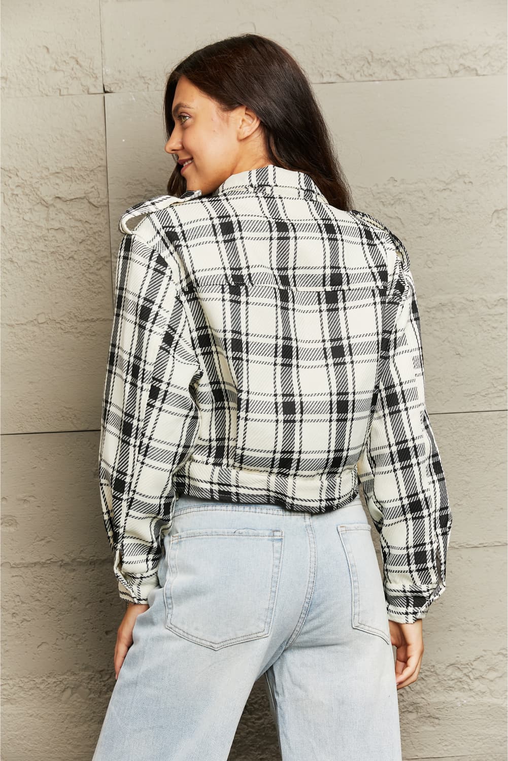 Plaid Collared Neck Long Sleeve Jacket - AllIn Computer