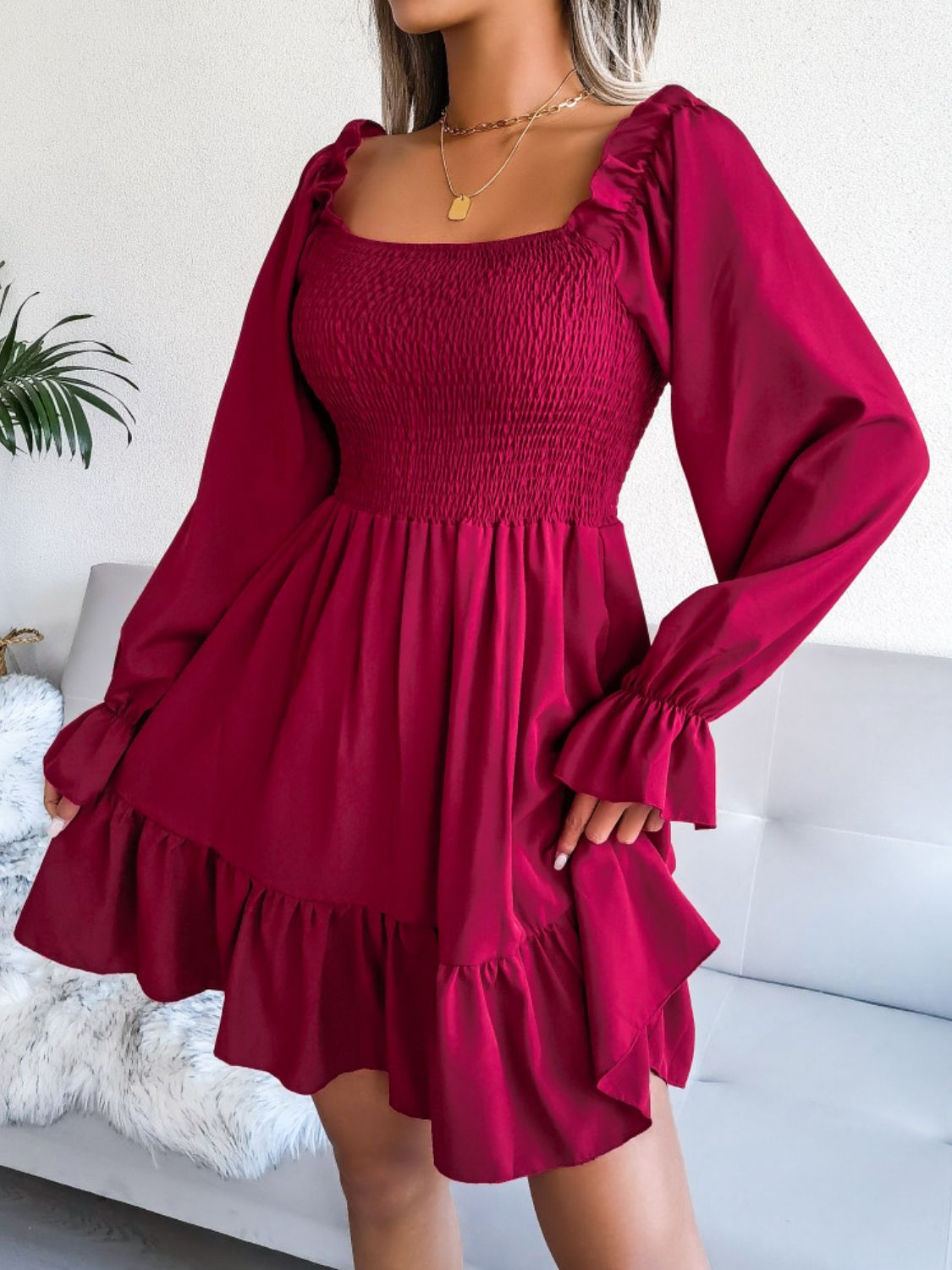 Smocked Flounce Sleeve Square Neck Dress - AllIn Computer