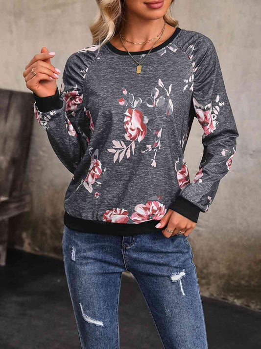 Floral Round Neck Raglan Sleeve Sweatshirt - AllIn Computer
