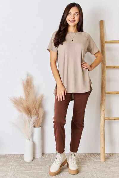 Zenana Baby Waffle Short Sleeve Slit High-Low T-Shirt - AllIn Computer