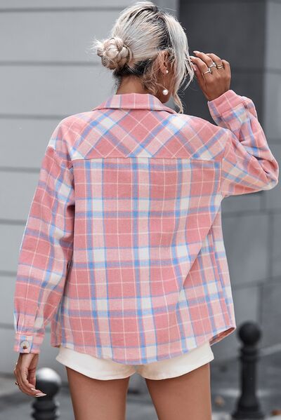 Plaid Pocketed Collared Neck Button Up Jacket - AllIn Computer