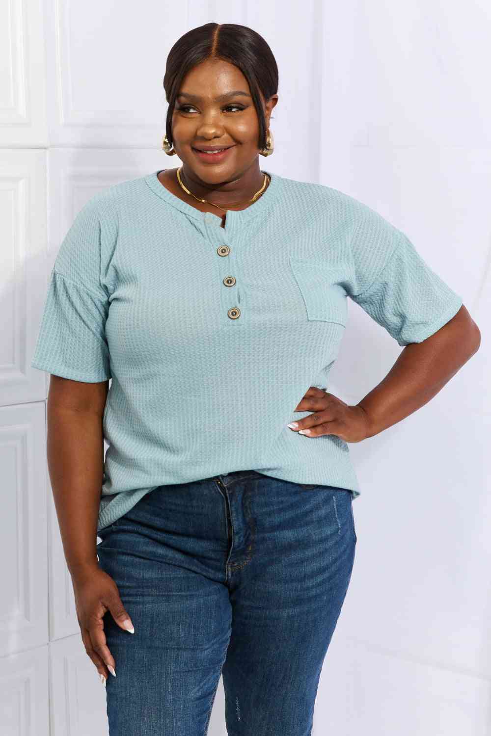 Heimish Made For You Full Size 1/4 Button Down Waffle Top in Blue - AllIn Computer