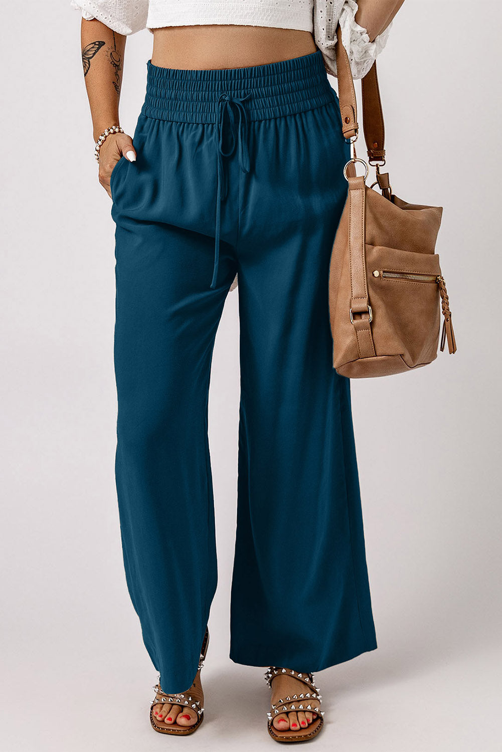Drawstring Smocked Waist Wide Leg Pants - AllIn Computer