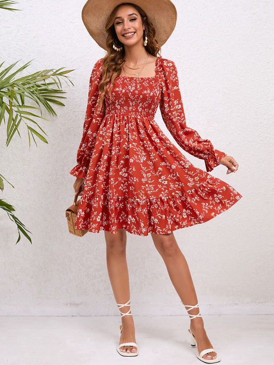 Floral Smocked Square Neck Dress - AllIn Computer