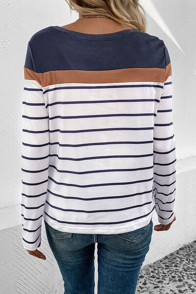 Striped Round Neck Long Sleeve T-Shirt - AllIn Computer