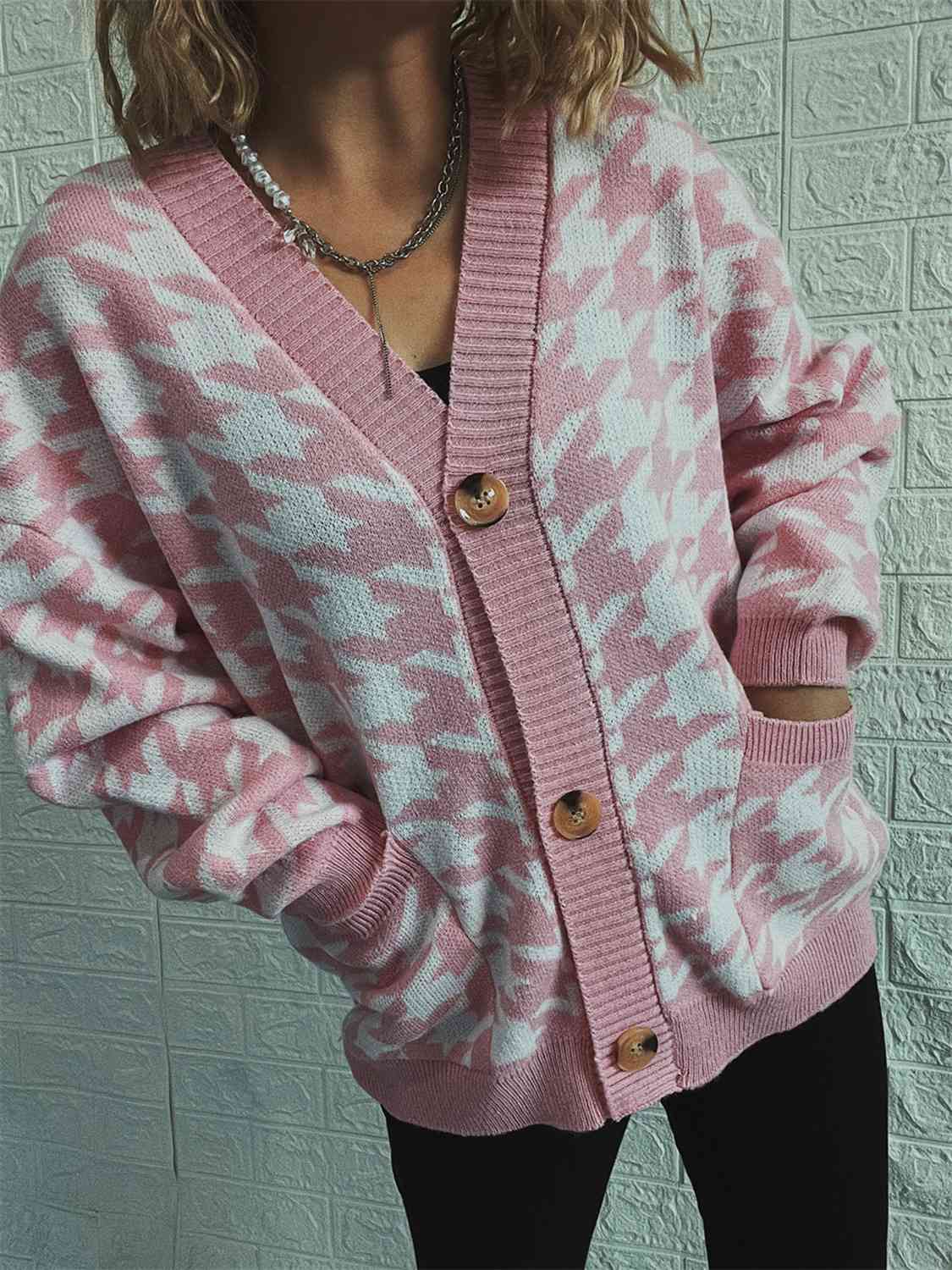 Houndstooth Botton Front  Cardigan with Pockets - AllIn Computer