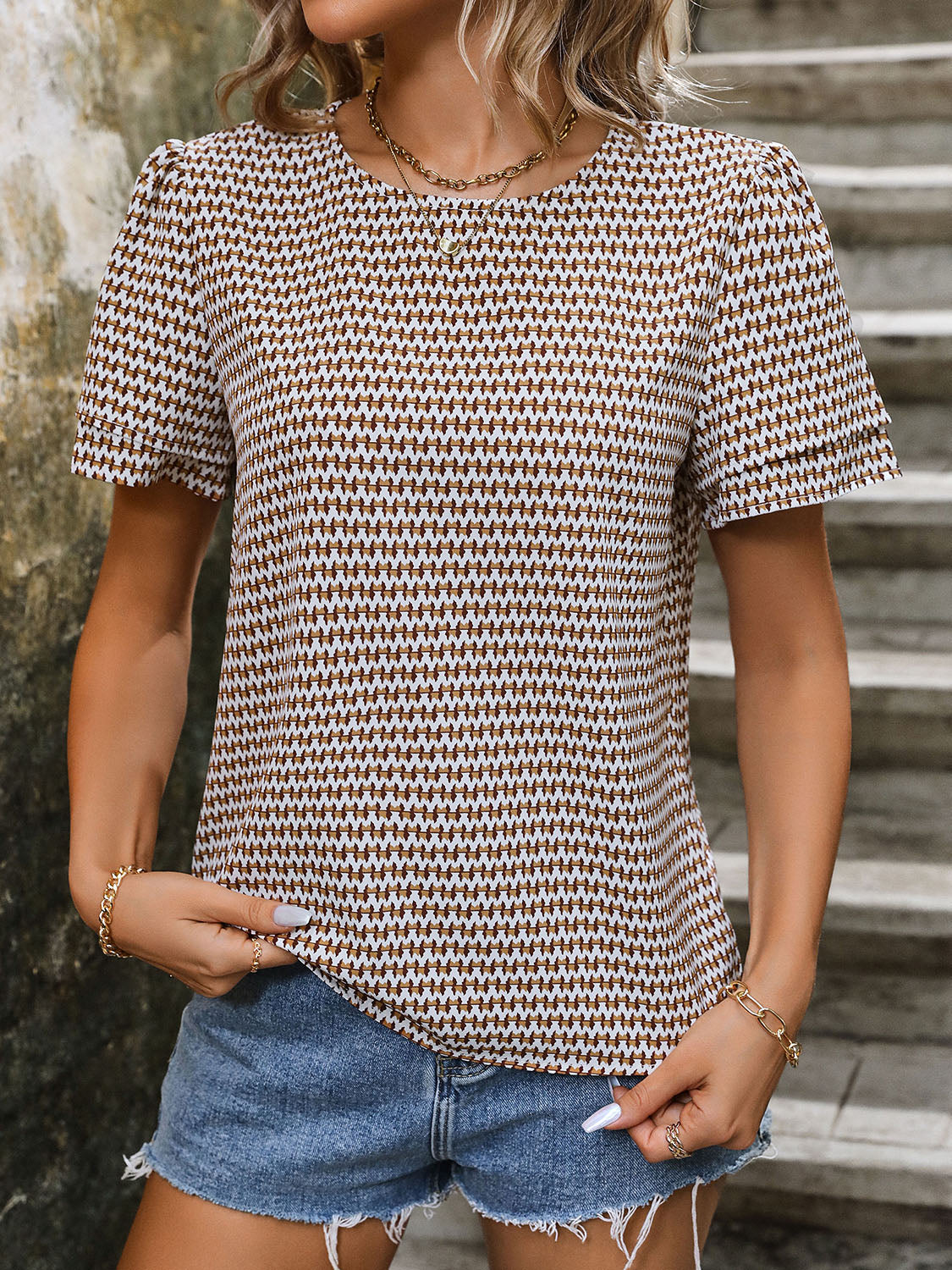 Printed Round Neck Short Sleeve Blouse - AllIn Computer