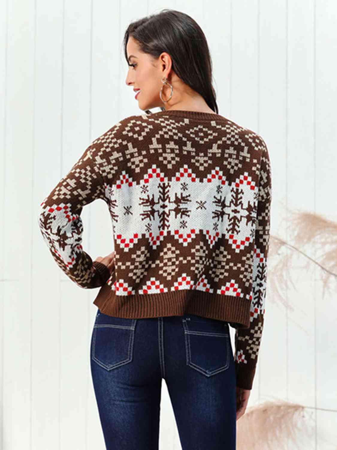 Snowflake Pattern Round Neck Sweater - AllIn Computer