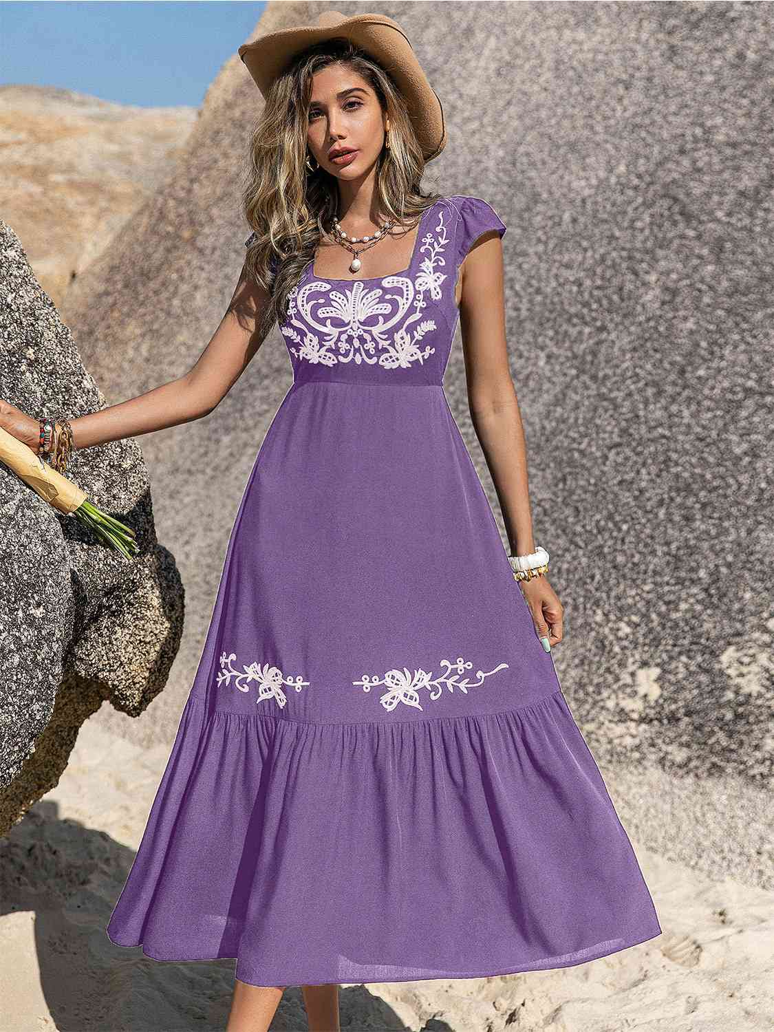 Embroidered Square Neck Ruffle Hem Dress - AllIn Computer