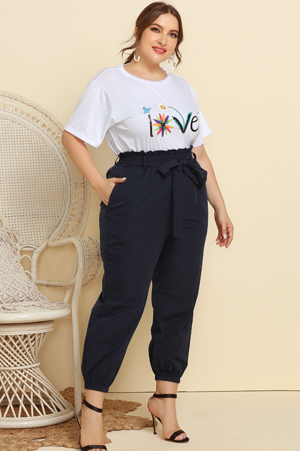 Graphic Tee and Belted Paperbag Joggers Set - AllIn Computer