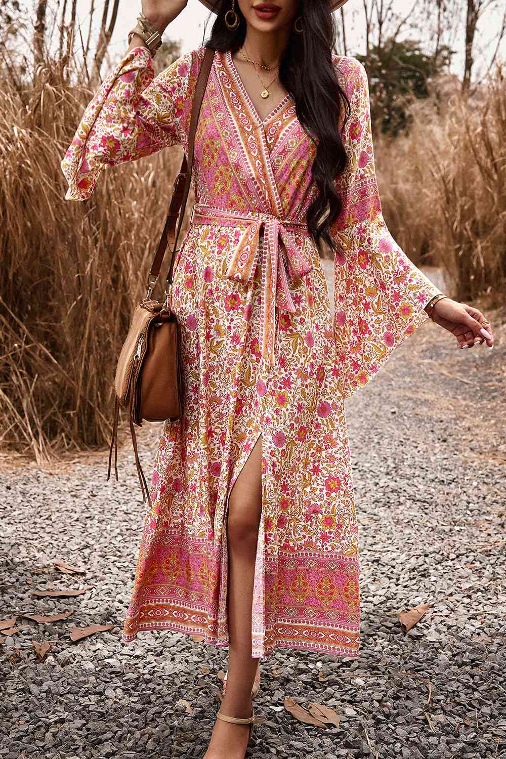 Bohemian Surplice Neck Slit Dress - AllIn Computer
