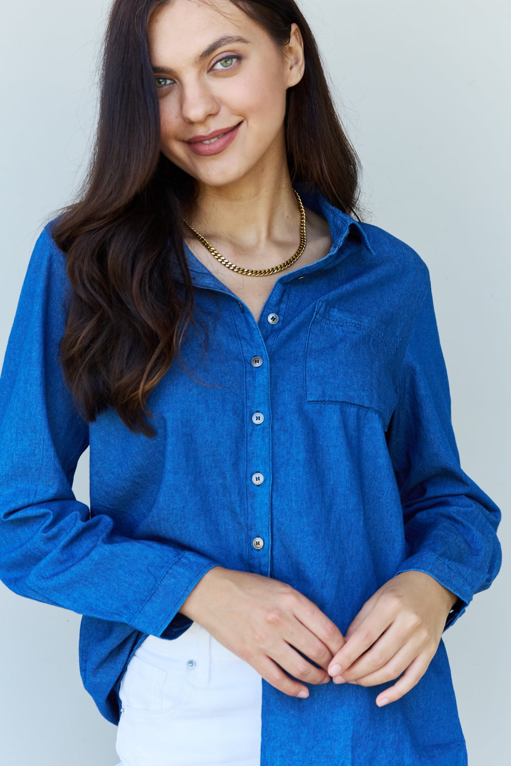 Doublju Blue Jean Baby Denim Button Down Shirt in Dark Blue - AllIn Computer