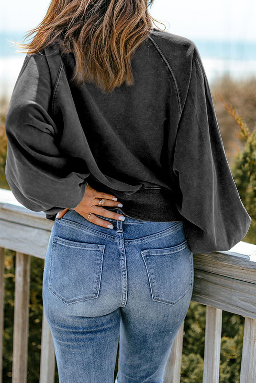 Quarter-Snap Collared Lantern Sleeve Sweatshirt - AllIn Computer
