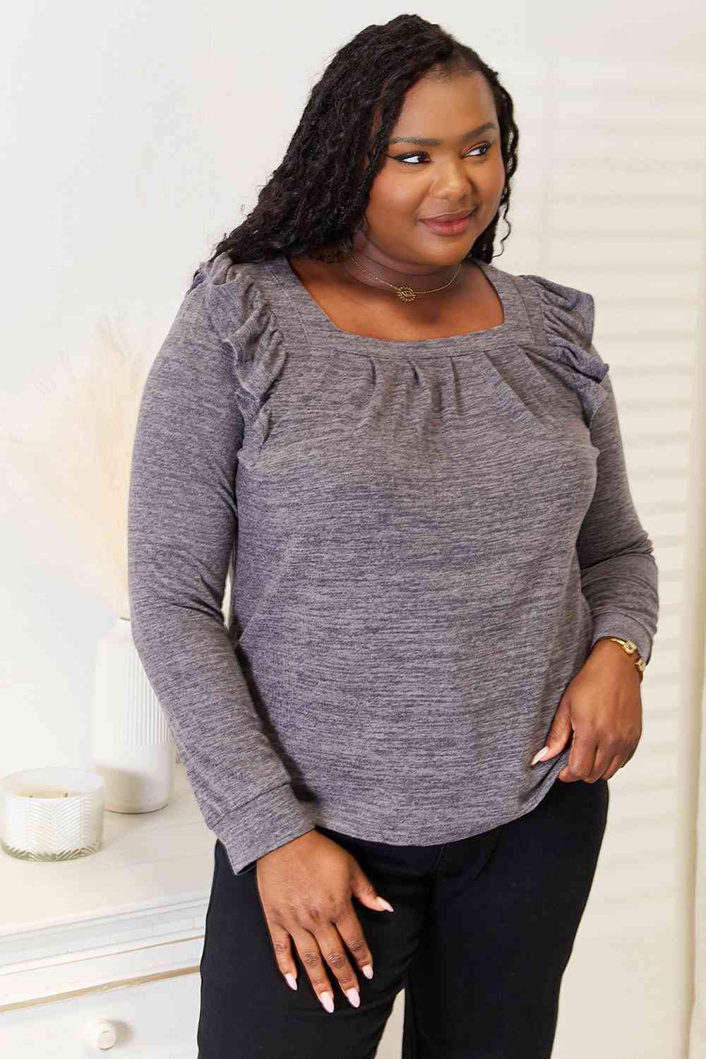 Double Take Square Neck Ruffle Shoulder Long Sleeve T-Shirt - AllIn Computer