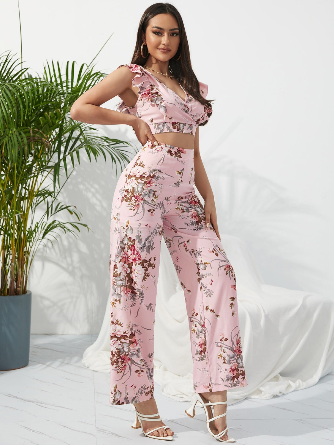 Printed Surplice Cap Sleeve Top and Pants Set - AllIn Computer