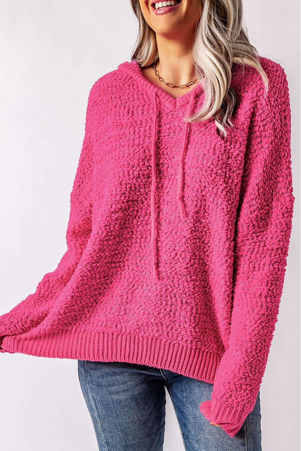 Popcorn Knit Slit Hooded Sweater - AllIn Computer