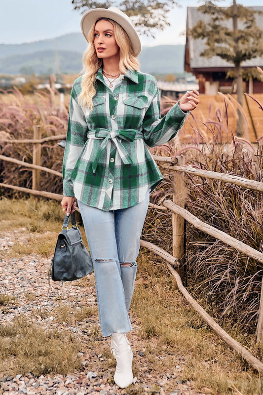 Plaid Collared Neck Bow Front Long Sleeve Jacket - AllIn Computer