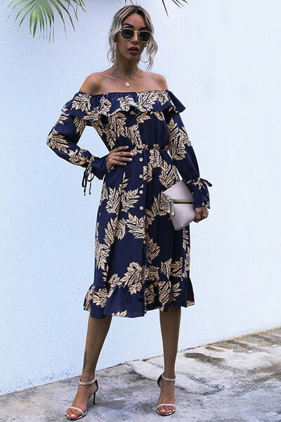 Ruffled Printed Off-Shoulder Midi Dress - AllIn Computer