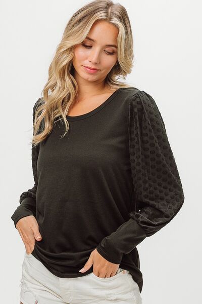 BiBi Round Neck Polka Dot Lantern Sleeve Top - AllIn Computer