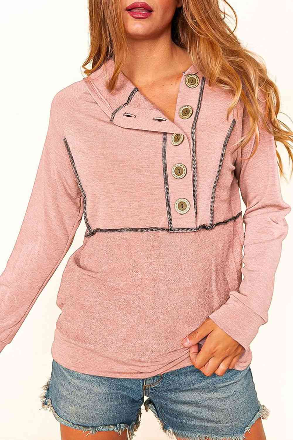 Buttoned Long Sleeve Hoodie - AllIn Computer