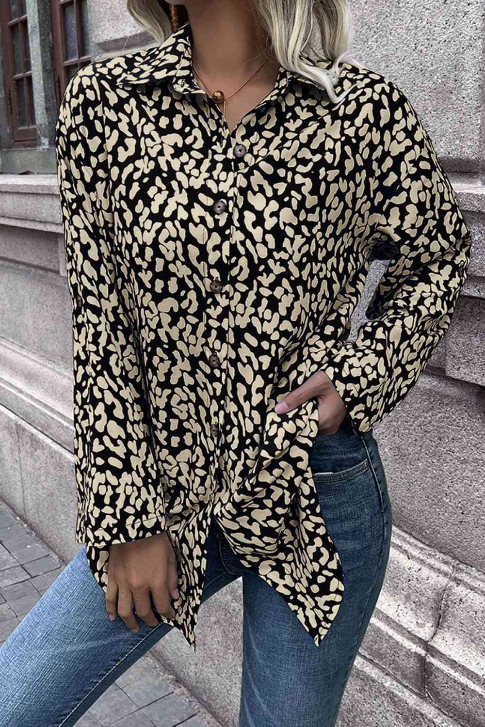 Double Take Leopard Roll-Tap Sleeve Shirt - AllIn Computer