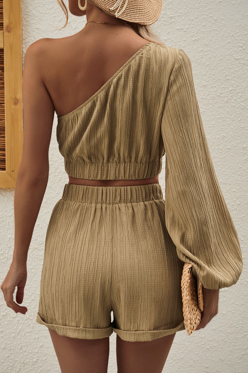 One-Shoulder Balloon Sleeve Crop Top and Shorts Set - AllIn Computer