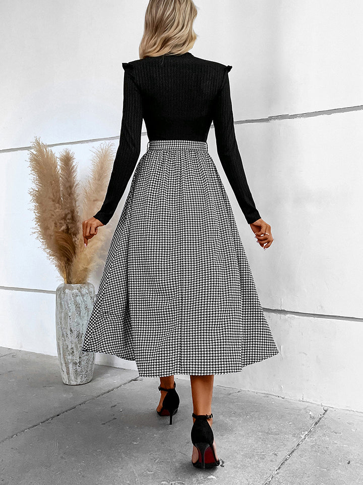 Ribbed Round Neck Long Sleeve Tie Waist Midi Dress - AllIn Computer