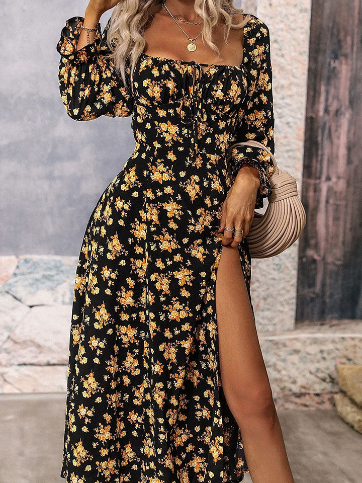 Square Neck Printed Slit Dress - AllIn Computer