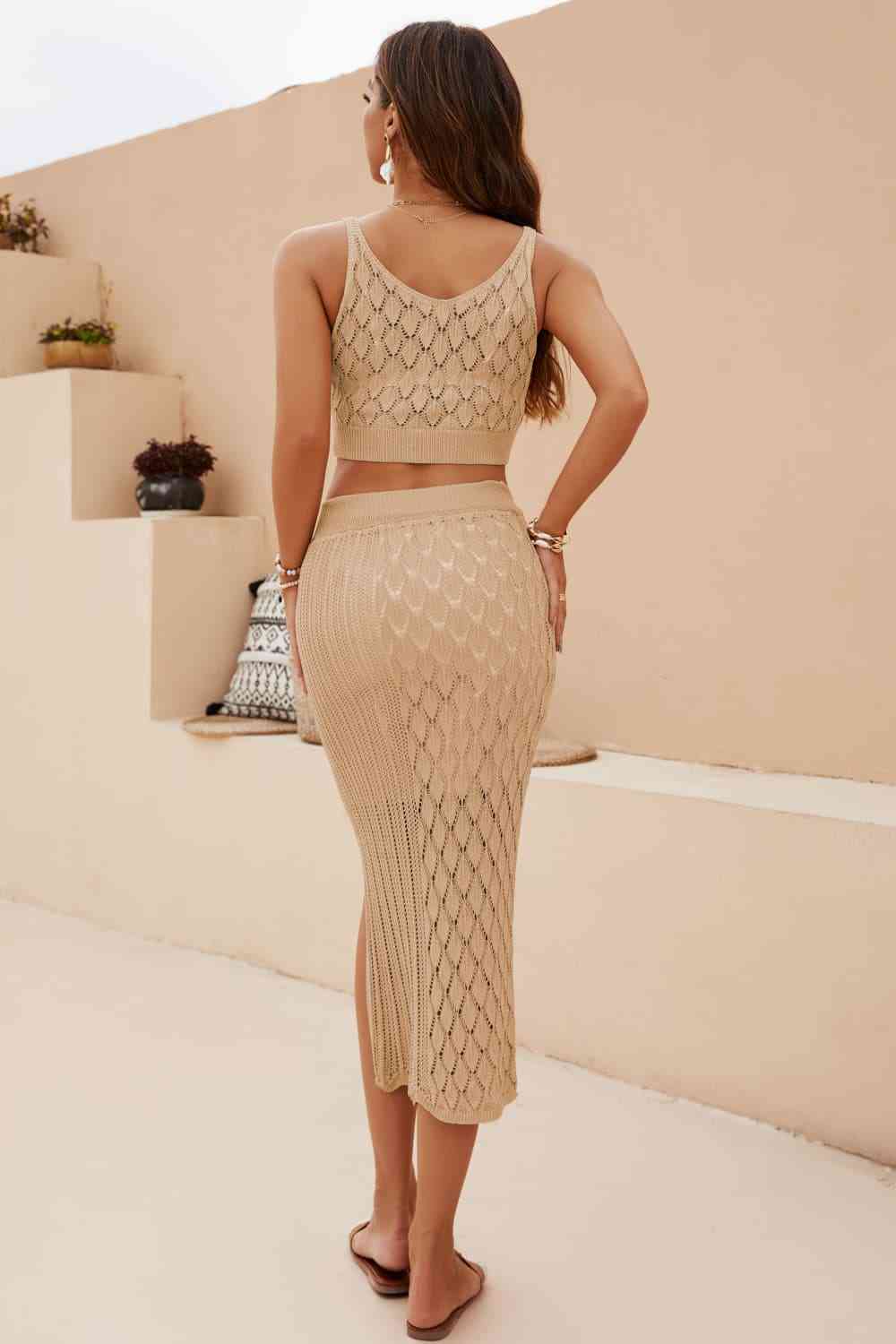 Openwork Cropped Tank and Split Skirt Set - AllIn Computer
