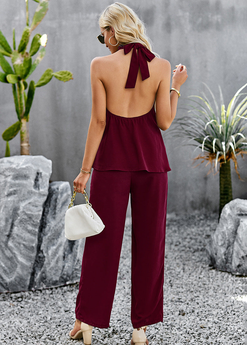 Halter Neck Top and Straight Leg Pants Set - AllIn Computer