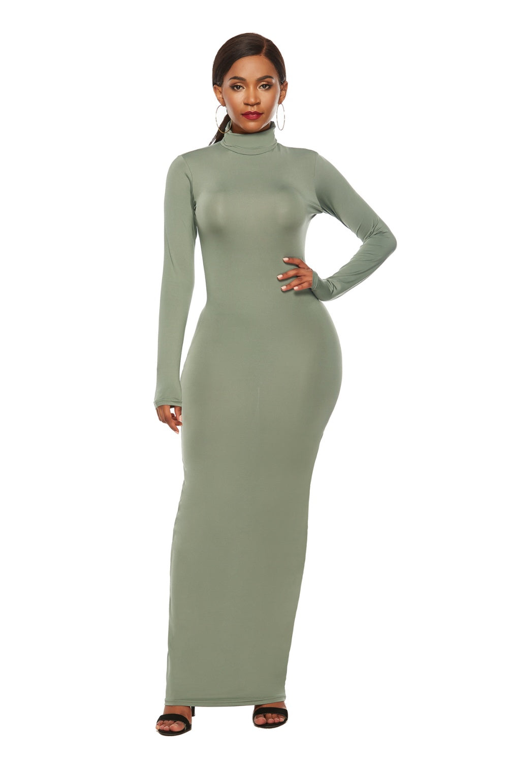 Mock Neck Long Sleeve Maxi Slim Dress - AllIn Computer