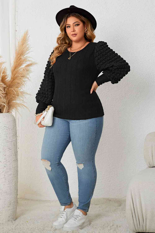 Plus Size Round Neck Lantern Sleeve Blouse - AllIn Computer