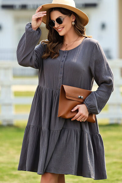 Plus Size Textured Balloon Sleeve Tiered Dress - AllIn Computer