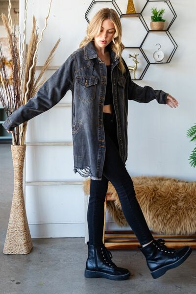 Veveret Button Up Distressed Frayed Hem Denim Jacket - AllIn Computer