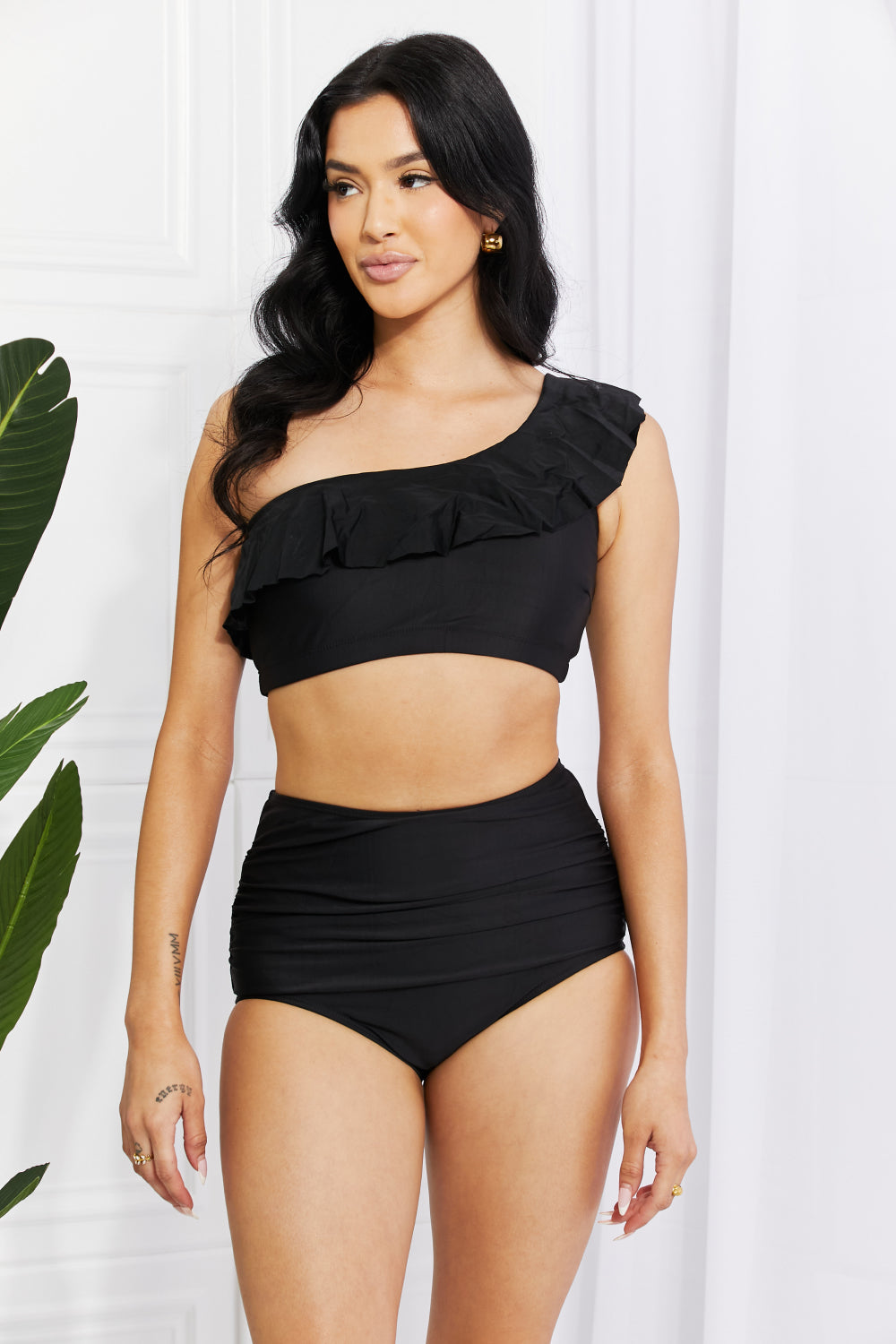 Marina West Swim Seaside Romance Ruffle One-Shoulder Bikini in Black - AllIn Computer