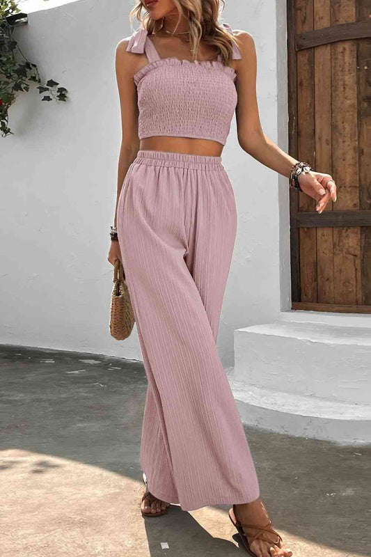 Tie Shoulder Smocked Crop Top and Wide Leg Pants Set - AllIn Computer