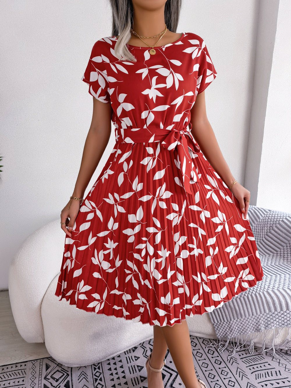 Printed Round Neck Short Sleeve Pleated Dress - AllIn Computer