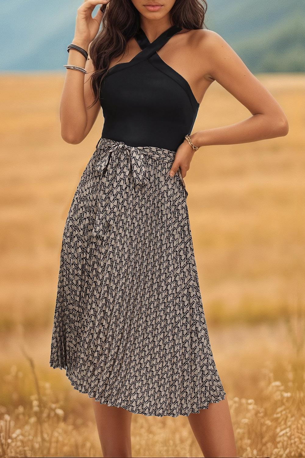 Crisscross Printed Halter Neck Dress - AllIn Computer
