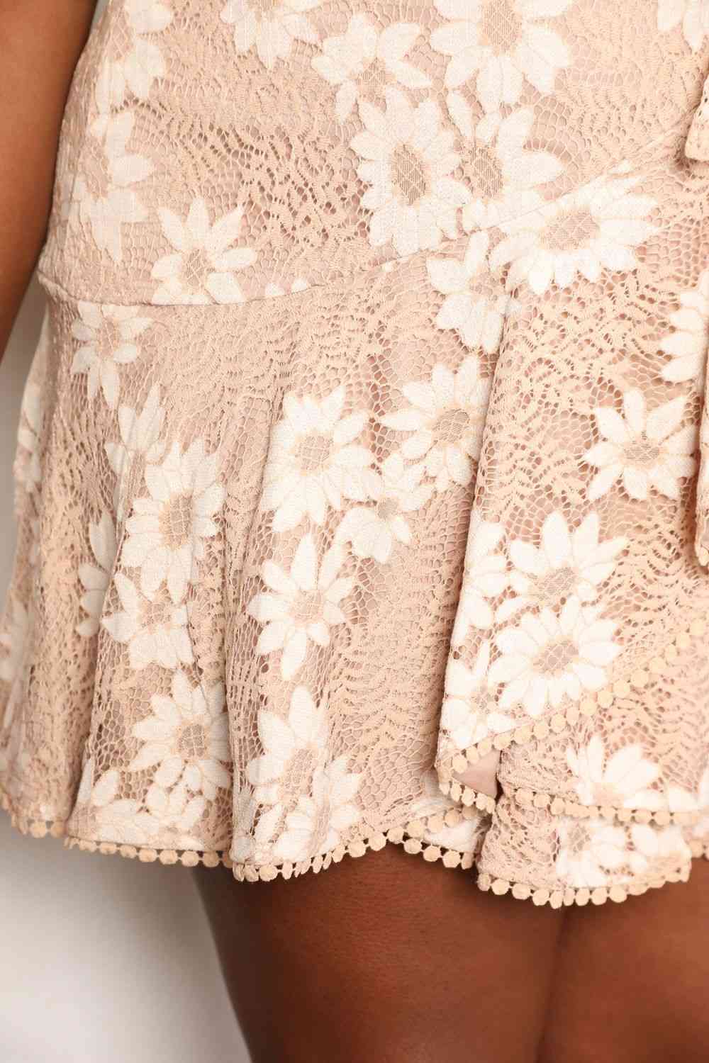 Double Take Floral Lace Pompom Detail Tie-Waist Flutter Sleeve Dress - AllIn Computer