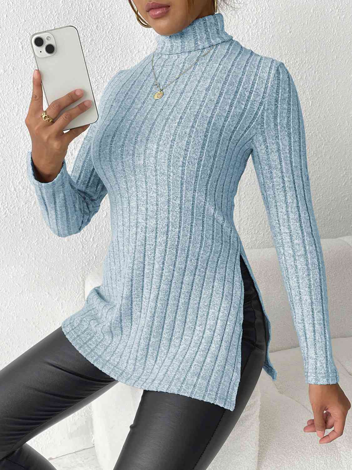 Ribbed Turtleneck Long Sleeve Slit T-Shirt - AllIn Computer